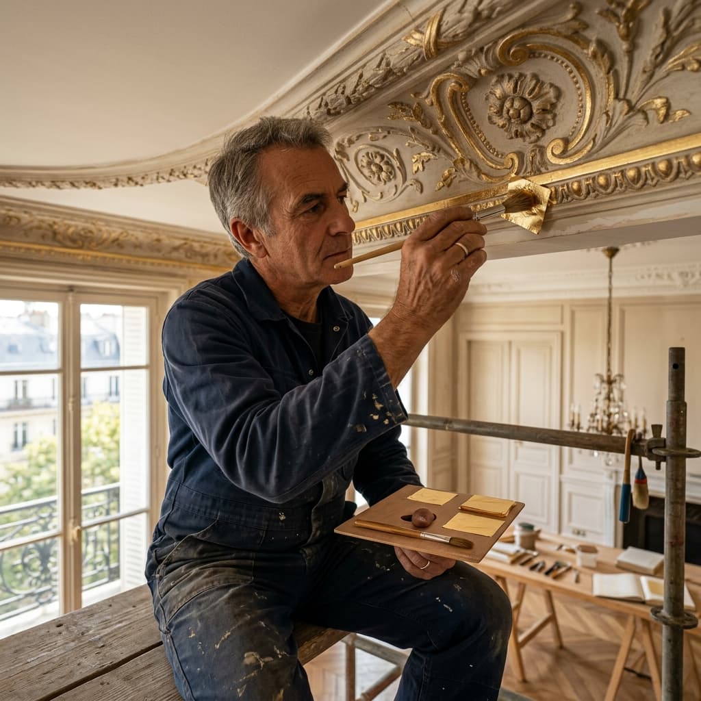 Doreur appliquant la feuille d'or sur une moulure