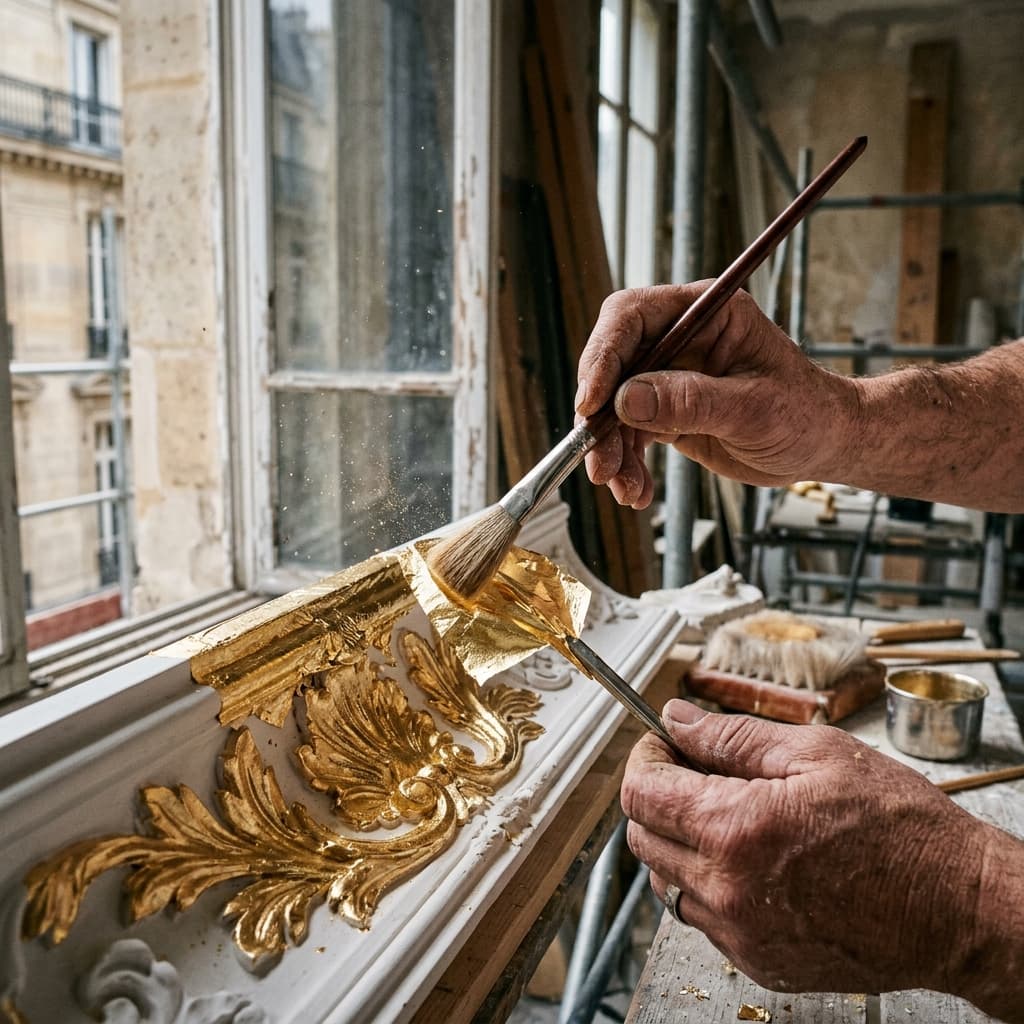 Mains d'artisan doreur au travail