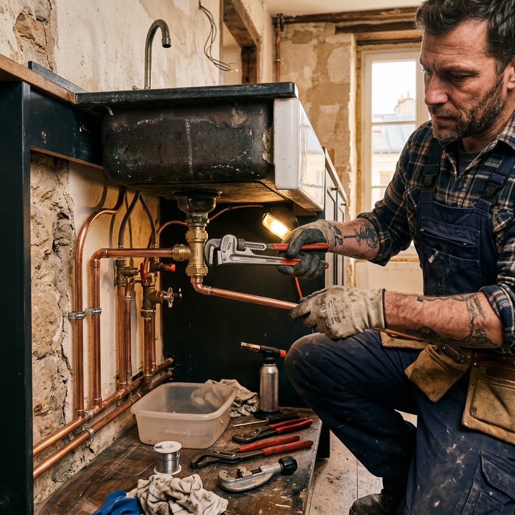 Réseaux de plomberie apparents sur un chantier UPOQ