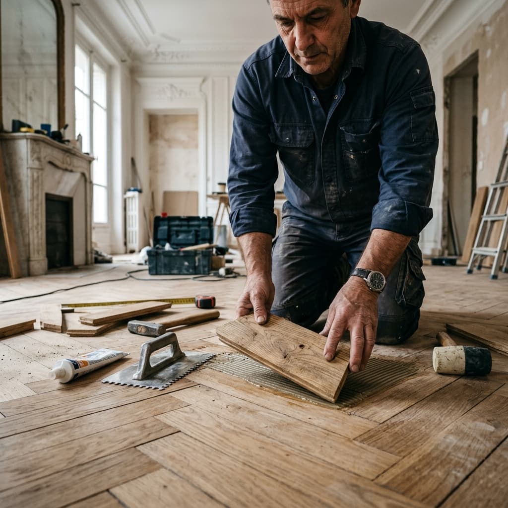Pose de parquet massif sur un chantier UPOQ à Paris
